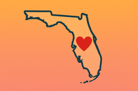 A simple map outline of Florida with a heart marking the state, symbolizing pride and belonging. Stylized background color