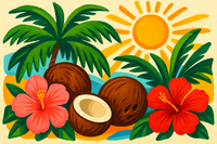 Change this to a stylized image of A playful graphic mix of palm leaves, coconuts, hibiscus flowers, and sunshine.