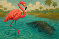 Stylized image of a Bright pink flamingo standing gracefully in turquoise water with an alligator nearby